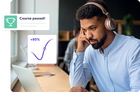 Man with headphones celebrating course completion with a progress chart showing +80%.